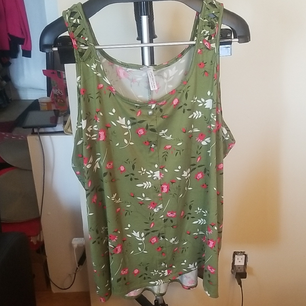 To Dye For Olive Green Floral Tank Top with Pink Accents 2X